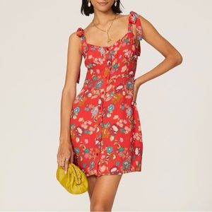 The Andamane Donna Floral Printed Button Down Tie Strap Mini Dress Red Sz L